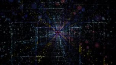 Siber uzayda parçacıklardan oluşan soyut dijital tünel. Parlak bir geometrik şekil akışından oluşan sanal uzay