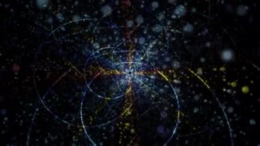 Siber uzayda parçacıklardan oluşan soyut dijital tünel. Parlak bir geometrik şekil akışından oluşan sanal uzay