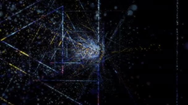 粒子からなるサイバースペースの抽象的なデジタルトンネル 幾何学的な形の明るい流れから成っている仮想空間 — ストック動画