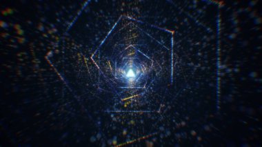 Sanal uzayda parçacıklardan oluşan soyut bir dijital tünelin 3 boyutlu görüntülenmesi. Parlak bir geometrik şekil akışından oluşan sanal bir alan