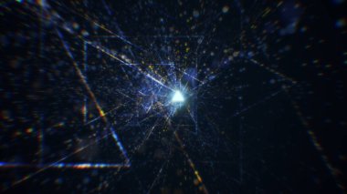 Sanal uzayda parçacıklardan oluşan soyut bir dijital tünelin 3 boyutlu görüntülenmesi. Parlak bir geometrik şekil akışından oluşan sanal bir alan