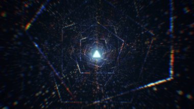 Sanal uzayda parçacıklardan oluşan soyut bir dijital tünelin 3 boyutlu görüntülenmesi. Parlak bir geometrik şekil akışından oluşan sanal bir alan