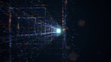Sanal uzayda parçacıklardan oluşan soyut bir dijital tünelin 3 boyutlu görüntülenmesi. Parlak bir geometrik şekil akışından oluşan sanal bir alan