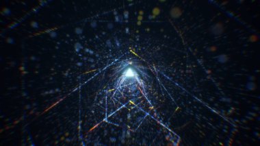 Sanal uzayda parçacıklardan oluşan soyut bir dijital tünelin 3 boyutlu görüntülenmesi. Parlak bir geometrik şekil akışından oluşan sanal bir alan