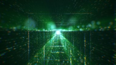 Sanal uzayda parçacıklardan oluşan soyut bir dijital tünelin 3 boyutlu görüntülenmesi. Parlak bir geometrik şekil akışından oluşan sanal bir alan