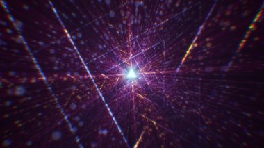 Sanal uzayda parçacıklardan oluşan soyut bir dijital tünelin 3 boyutlu görüntülenmesi. Parlak bir geometrik şekil akışından oluşan sanal bir alan