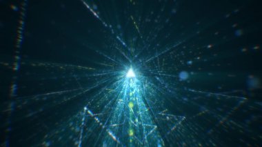 Sanal uzayda parçacıklardan oluşan soyut bir dijital tünelin 3 boyutlu görüntülenmesi. Parlak bir geometrik şekil akışından oluşan sanal bir alan