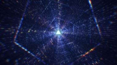 Sanal uzayda parçacıklardan oluşan soyut bir dijital tünelin 3 boyutlu görüntülenmesi. Parlak bir geometrik şekil akışından oluşan sanal bir alan