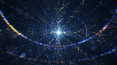 Sanal uzayda parçacıklardan oluşan soyut bir dijital tünelin 3 boyutlu görüntülenmesi. Parlak bir geometrik şekil akışından oluşan sanal bir alan