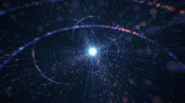 Sanal uzayda parçacıklardan oluşan soyut bir dijital tünelin 3 boyutlu görüntülenmesi. Parlak bir geometrik şekil akışından oluşan sanal bir alan