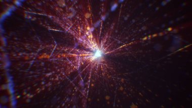 Sanal uzayda parçacıklardan oluşan soyut bir dijital tünelin 3 boyutlu görüntülenmesi. Parlak bir geometrik şekil akışından oluşan sanal bir alan