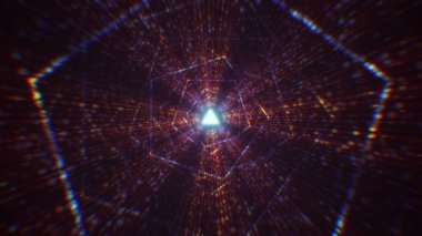 Sanal uzayda parçacıklardan oluşan soyut bir dijital tünelin 3 boyutlu görüntülenmesi. Parlak bir geometrik şekil akışından oluşan sanal bir alan