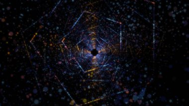 Sanal uzayda parçacıklardan oluşan soyut bir dijital tünelin 3 boyutlu görüntülenmesi. Parlak bir geometrik şekil akışından oluşan sanal bir alan