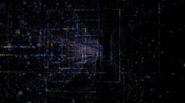 Sanal uzayda parçacıklardan oluşan soyut bir dijital tünelin 3 boyutlu görüntülenmesi. Parlak bir geometrik şekil akışından oluşan sanal bir alan