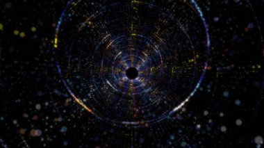 Sanal uzayda parçacıklardan oluşan soyut bir dijital tünelin 3 boyutlu görüntülenmesi. Parlak bir geometrik şekil akışından oluşan sanal bir alan