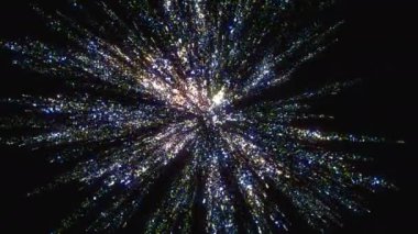 Karanlık bir arkaplanda parlak parçacıkların soyut hacim yapısı. Tasarımcı Sanat nesnesi, parlak enerji akışına sahip karmaşık bir yıldız şeklinde. Herhangi bir sunumu süsleyecek