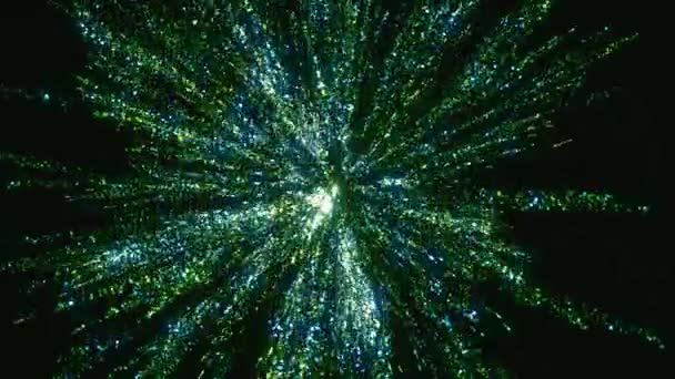어두운 배경에 입자의 빛나는 에너지 흐름의 시내와 복잡한 모양의 디자이너 — 비디오