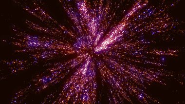 Karanlık bir arkaplanda parlak parçacıkların soyut hacimli yapısının 3 boyutlu canlandırması. Tasarımcı Sanat nesnesi, parlak enerji akışları olan karmaşık bir yıldız şeklinde.