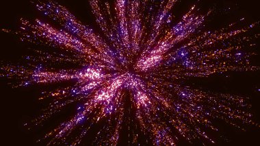 Karanlık bir arkaplanda parlak parçacıkların soyut hacimli yapısının 3 boyutlu canlandırması. Tasarımcı Sanat nesnesi, parlak enerji akışları olan karmaşık bir yıldız şeklinde.