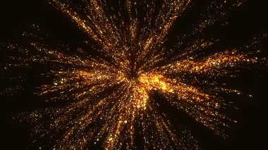 Karanlık bir arkaplanda parlak parçacıkların soyut hacimli yapısının 3 boyutlu canlandırması. Tasarımcı Sanat nesnesi, parlak enerji akışları olan karmaşık bir yıldız şeklinde.