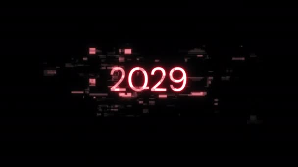 テクノロジー障害のスクリーンエフェクトによる2029テキスト さまざまな種類の干渉との壮大なスクリーン グリッチ ループド — ストック動画