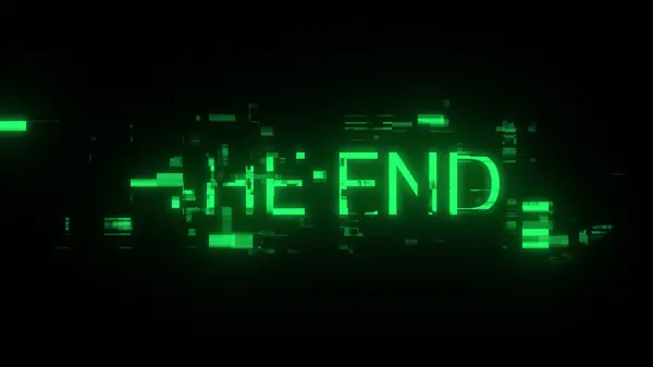 3D rendering the end text with screen effects of technological failures. Spectacular screen glitch with various kinds of interference