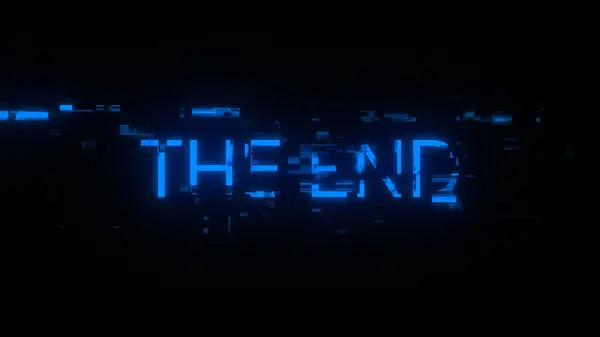 3D rendering the end text with screen effects of technological failures. Spectacular screen glitch with various kinds of interference