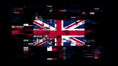 Teknolojik arızaların ekran etkileriyle Büyük Britanya bayrağı. Çeşitli parazitlerle muhteşem ekran arızası. Döngülü