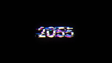Teknolojik arızaların ekran efektleriyle 2055 metni oluşturuluyor. Çeşitli parazitlerle muhteşem ekran arızası