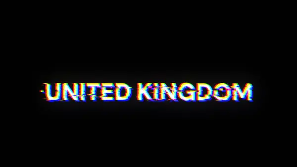 stock image 3D rendering United Kingdom text with screen effects of technological failures. Spectacular screen glitch with various kinds of interference