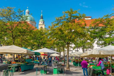 LJUBJANA, SLOVENIA - NOVEMBER 05.2022: Slovanya 'nın başkenti, arka plan mavi gökyüzü ve Katedral Kulesi' nin pazarı ile sokak manzarası