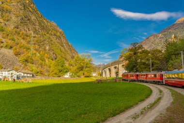 BRÜZİO, SWitzERLAND - 28 Ekim 2022: Rhaetian Demiryolu Hattı 'ndan Bernina Express İtalya' da bir sonbahar gününde