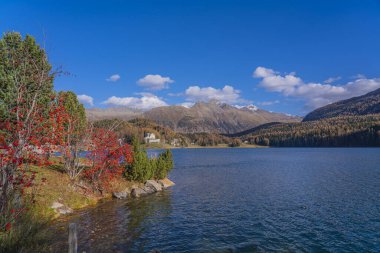 St. Moritz Gölü ile sonbahar renkleri Engadine, İsviçre, arka plan dağları