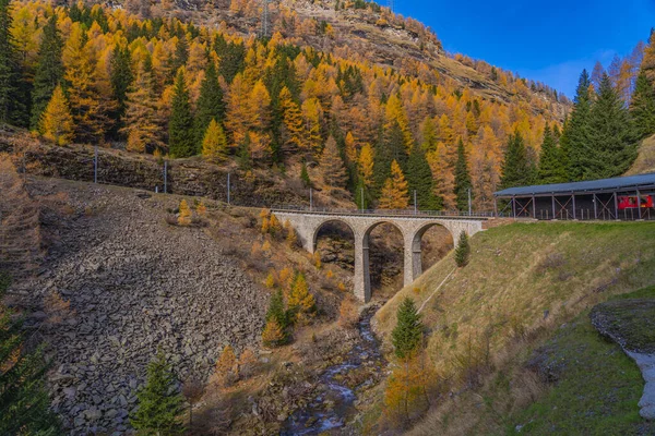 Brigde Bernina Express Rhaetian Railway Line Autumn Day Switzerland — Stock Photo, Image