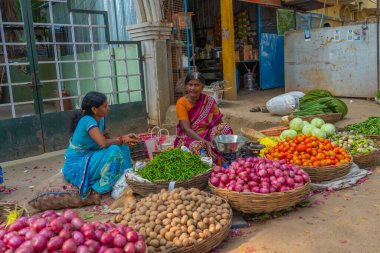 Puttaparthi, Andra Pradesh - India - January 21.2023: Two women at the local Indian vegetable market
