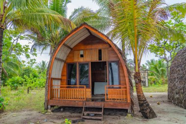 Aile Adası, Raja Ampat, Endonezya 'daki palmiye ağaçları arasında geleneksel olarak inşa edilen bambu kulübeleri.
