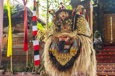 Bali, Endonezya, 14 Şubat 2023: Ubud 'daki geleneksel bir Bali dansında bir Barong' un - mitolojik bir aslan - kafasının yakın çekimi.