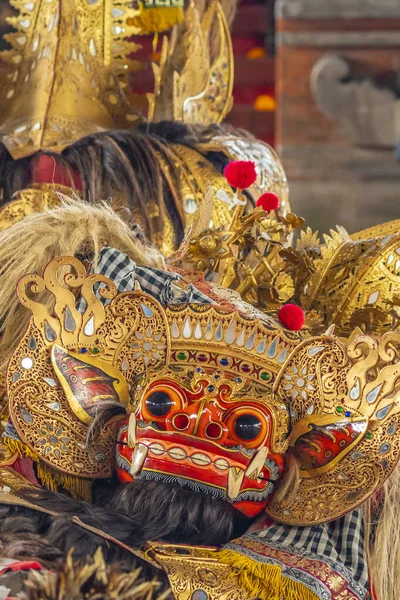 Bali Indonezja Lutego 2023 Zbliżenie Głowy Baronga Mitologicznego Lwa Tradycyjnym — Zdjęcie stockowe