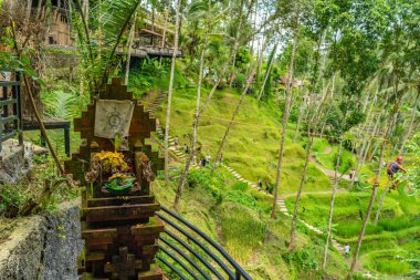 Tegalalang, Ubud, Endonezya - 14 Şubat 2023: Bali 'deki Ubud' da doğal teras panayırında küçük bir dua yeri.
