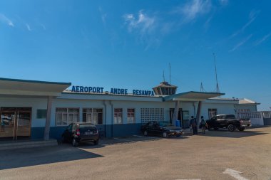 Morondava, Madagascar - June 01.2023: Morondava airport building Andre Resampa with sign