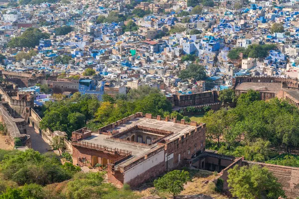 Vista Para Cidade Azul Parede Forte Mehrangarh Jodhpur Rajasthan Índia Imagens Royalty-Free