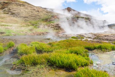 İzlanda 'daki Hveradalir Jeotermal Bölgesi Bulutlar ve mavi gökyüzü ile güneşli bir bahar günü