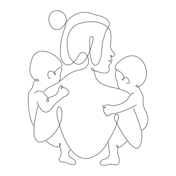 母親は腕の中で2人の子供を最小限のスタイルで保持している 家族計画センター 母親と子供のクリニックのロゴ タトゥー ポスター バナー はがきのためのデザイン 分離ベクトル — ストックベクタ