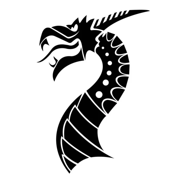 ドラゴンの頭のシルエットは黒く さまざまな線で描かれています 部族の入れ墨 エレガントなロゴ マスコット パワーシンボル ステンシル バナー Tシャツプリントに適したデザイン 隔離されたベクトル — ストックベクタ