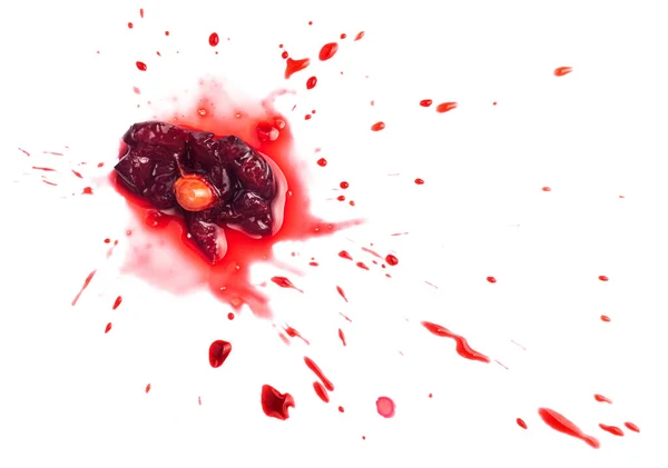Squashed Ripe Sour Cherry Puddle Red Juice Isolated White — Stock Photo, Image