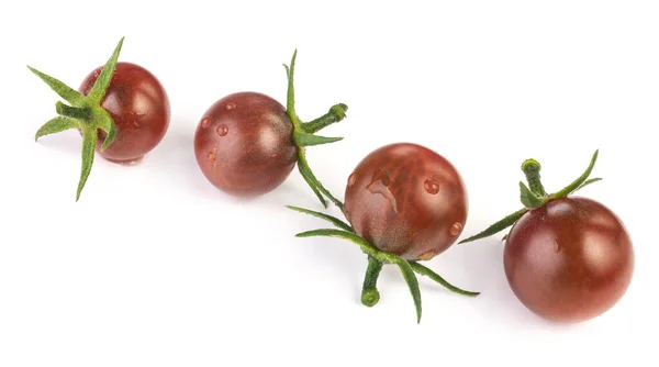 Fresh Ripe Black Cherries Tomato Green Peduncle Isolated White — Stock Photo, Image