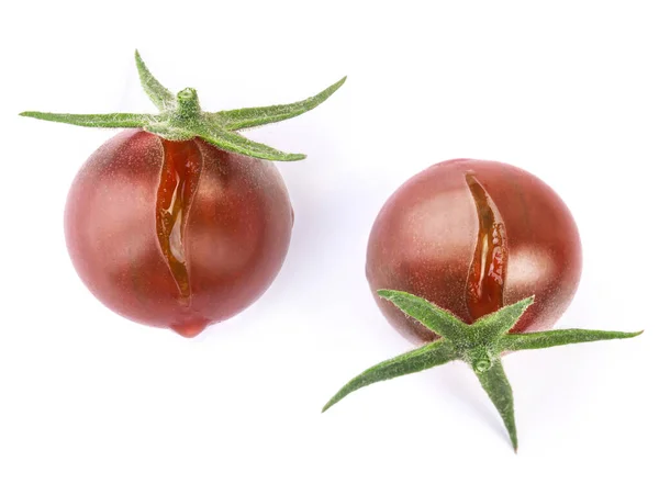 Tomate Cerise Noire Craquelée Fraîche Avec Pédoncule Vert Goutte Jus — Photo