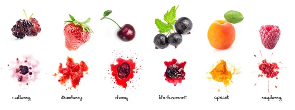Set Berry Jam Splash Whole Berries Isolated White Background — Stock Photo, Image