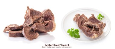 boiled beef heart in white plate with parslay. dietary food product has a low calorie content. isolated on white background