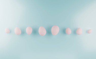Açık mavi arka planda bir sıra yumurtayla Mutlu Paskalyalar için minimalist tasarım konsepti.